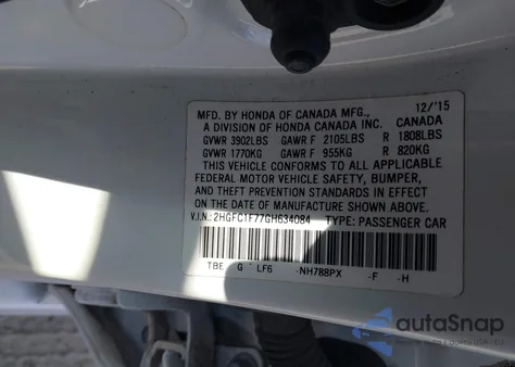 2016 Honda Civic Ex-L из США, поврежденный, VIN 2HGFC1F77GH634084